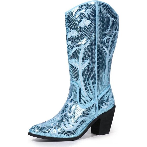 Shoes - Women's Blue Sequin Mid Calf Tall Zipper Pointed Toe Embroidered Cowgirl Boots